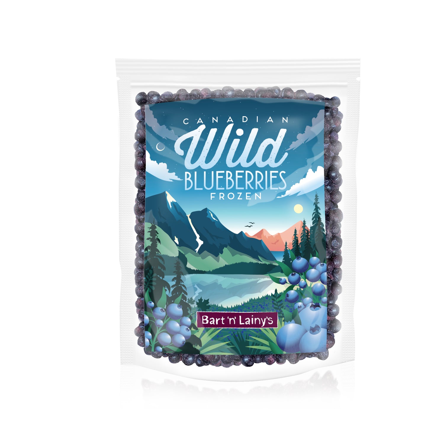 1 x 500g bags of Bart 'n' Lainy's frozen Canadian Wild Blueberries. Transparent bags printed with Canadian wilderness design and Bart 'n' Lainy's branding
