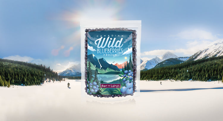 500g bag of Bart 'n' Lainy's frozen Canadian Wild Blueberries set against a scenic, snowy wilderness background